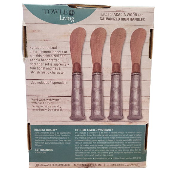 Towle Living Acacia Wood Galvanized Iron Handles Set of 4 Spreaders NEW - Picture 2 of 4
